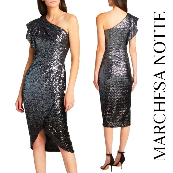 MARCHESA NOTTE NWT One-shoulder Dégradé Ombré Gunmetal Sequined Tulle Dress 8 - Picture 1 of 16
